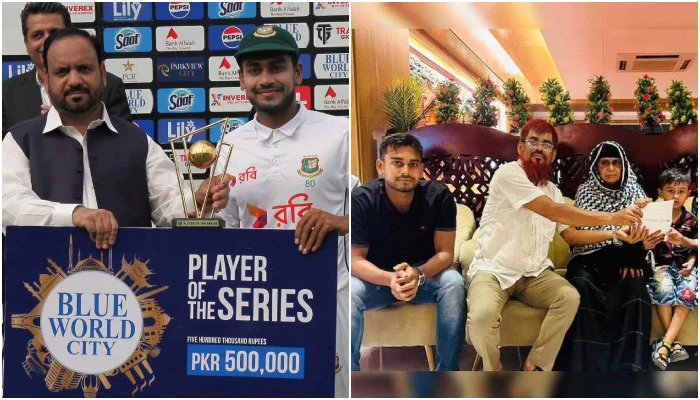 بنگلادیشی کرکٹر مہدی حسن نے پاکستان کیخلاف سیریز کی انعامی رقم رکشے والے کی فیملی کو دیدی—فوٹوـ مہدی حسن میراز